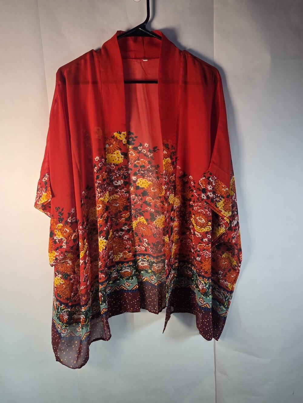 Red Floral Open-Front Kimono Jacket